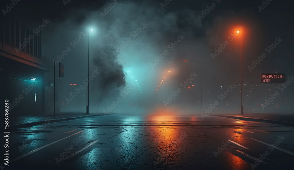 Abstract light in a dark empty street with smoke, smog, night view, night city. Reflection of neon lights, a searchlight. Generative Ai.