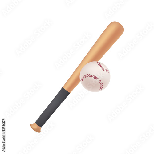 Baseball bat and ball 3D illustration. Cartoon drawing of equipment for training or match in 3D style on white background. Sports, baseball, healthy lifestyle, recreation concept