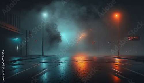 Abstract light in a dark empty street with smoke, smog, night view, night city. Reflection of neon lights, a searchlight. Generative Ai. © 121icons