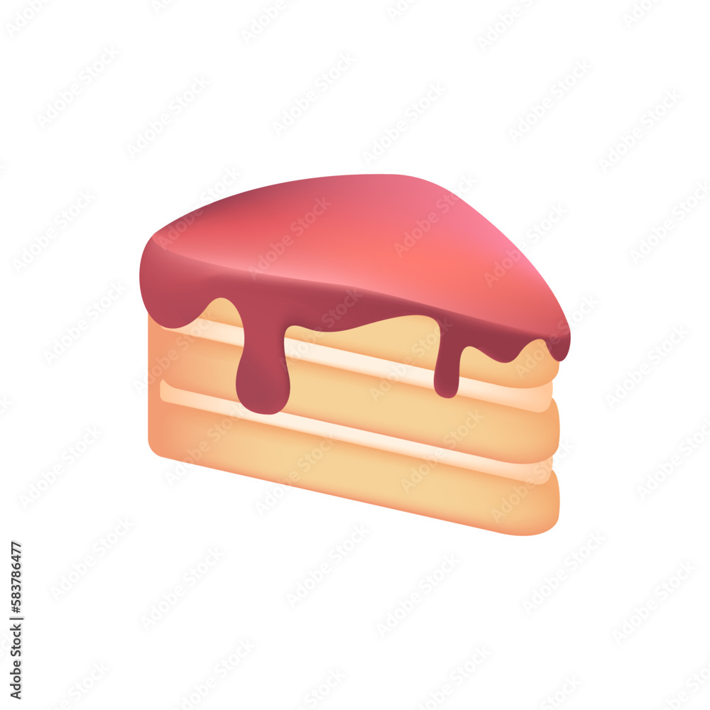 Piece of cake with red icing 3D illustration. Cartoon drawing of sweet treat in 3D style on white background. Food, desserts, confectionery, bakery, celebration concept Piece of cake with red icing 3D illustration. Cartoon drawing of sweet treat in 3D style on white background. Food, desserts, confectionery, bakery, celebration concept