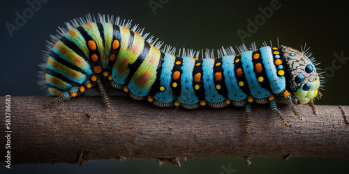 The colorful stripes on a caterpillar as it crawls along a twig. Generative AI