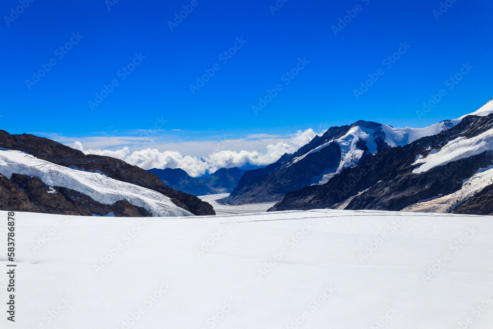 View of Great Aletsch Glacier, the largest glacier in the Alps and UNESCO heritage, in Canton of Valais, Switzerland