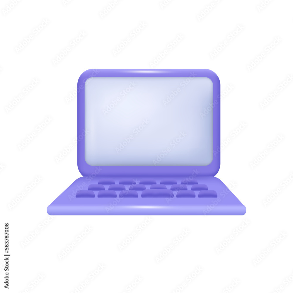 Open purple laptop with empty screen 3D illustration. Cartoon drawing of modern wireless computer for working or gaming in 3D style on white background. Technology, electronics, entertainment concept Open purple laptop with empty screen 3D illustration. Cartoon drawing of modern wireless computer for working or gaming in 3D style on white background. Technology, electronics, entertainment concept