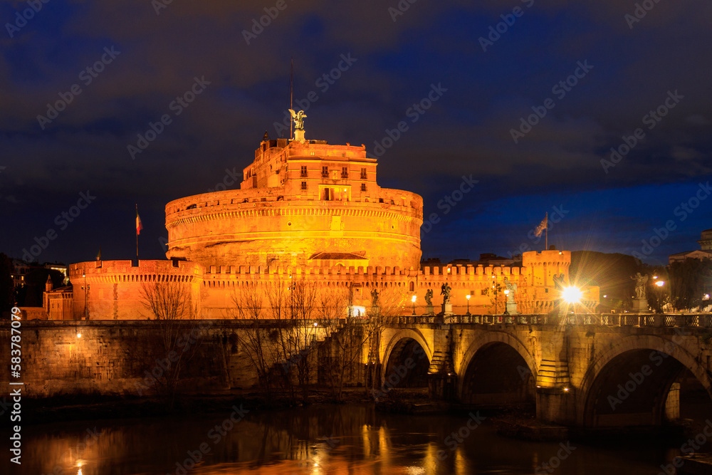 Night view of Mausoleum of Hadrian, known as Castel Sant Angelo (Castle of the Holy Angel) in Rome, Italy