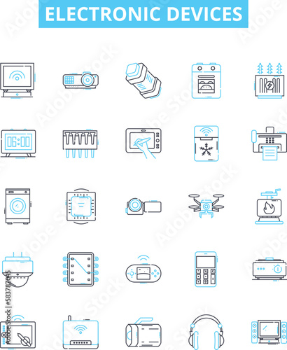 Electronic devices vector line icons set. Electronics, Devices, Digital, Components, Computers, Tablets, Phones illustration outline concept symbols and signs