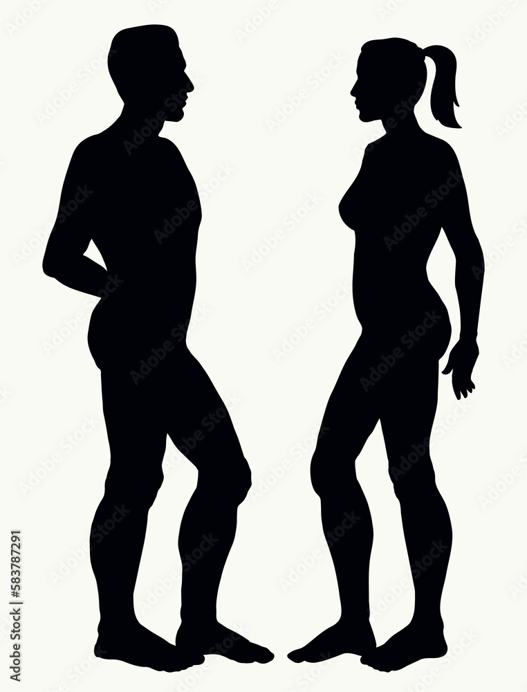 Male and female stands sideways. Vector drawing