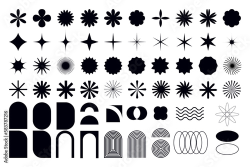 Y2k brutalism shapes, minimalist geometric elements, star flower, sunray, arc form for bold frame design, vector illustration set.