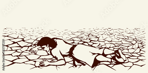An exhausted person lies on the ground. Vector drawing