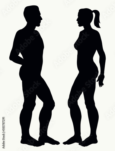 Male and female stands sideways. Vector drawing