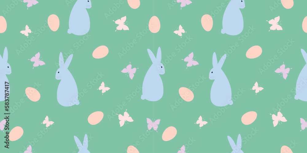 Cute hand-drawn Easter seamless pattern with rabbits, Easter eggs, butterflies. Great for Easter cards, banners, textiles, wallpaper. 