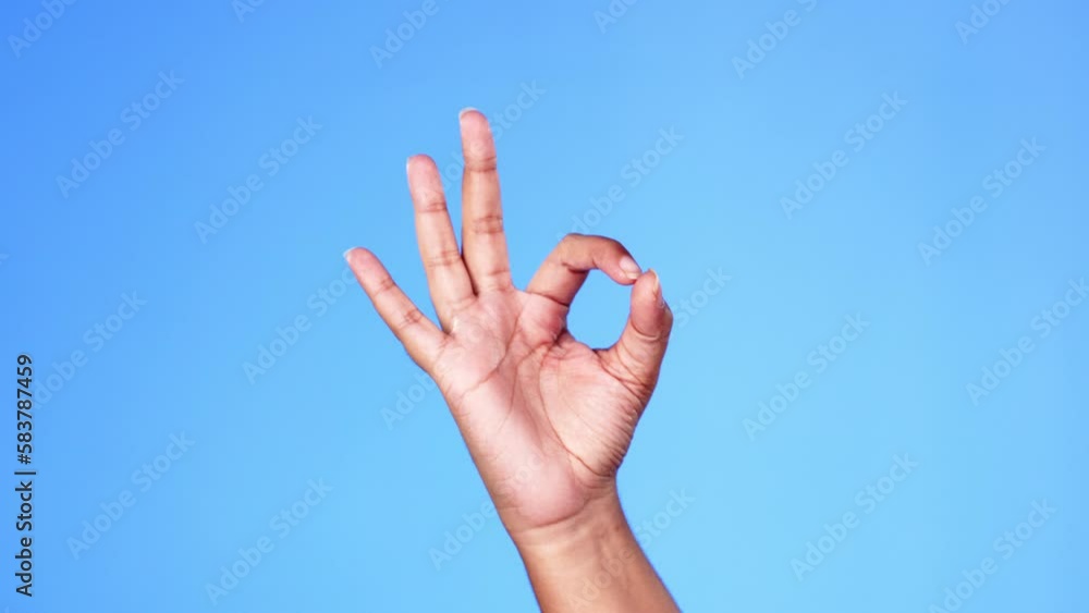 Hand, perfect and okay sign by person in support, vote or approve decision isolated against a studio blue background. Hands, yes and ok gesture by model showing signal of approval or agree Hand, perfect and okay sign by person in support, vote or approve decision isolated against a studio blue background. Hands, yes and ok gesture by model showing signal of approval or agree