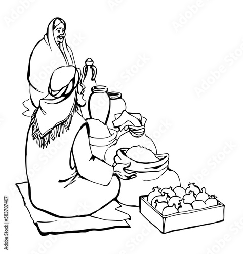 Ancient Jewish market. Vector drawing