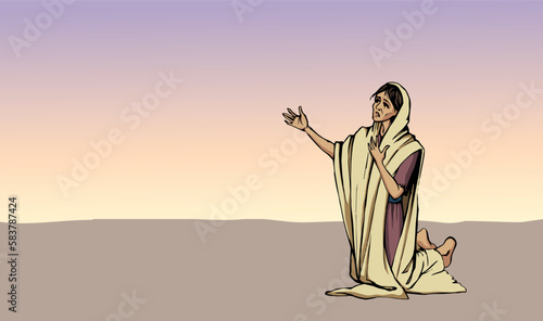 A starving woman asks for help. Vector drawing