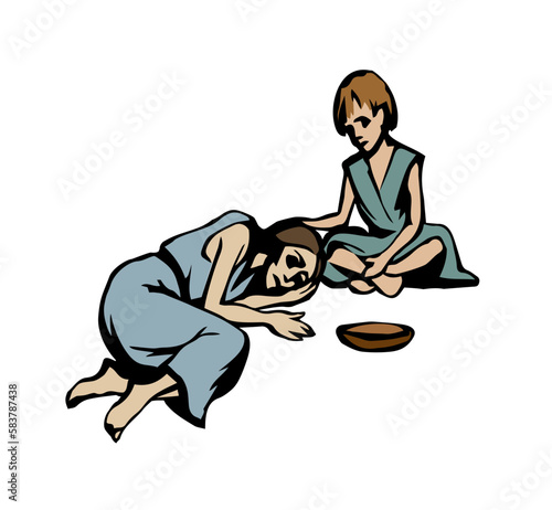 People suffering from hunger. Vector drawing