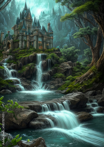 waterfall in the middle of a mountain with a castle in the background