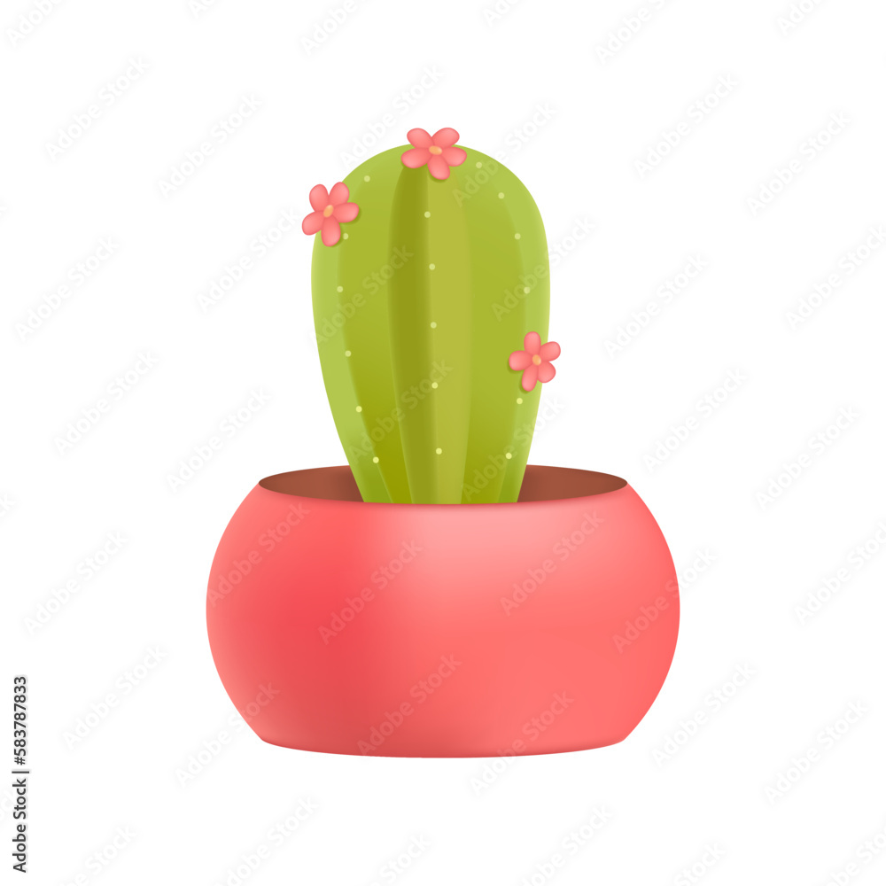 Cactus with pink flowers in pot 3D illustration. Cartoon drawing of flowering exotic plant in pink flowerpot in 3D style on white background. Nature, botany, decor, houseplants concept Cactus with pink flowers in pot 3D illustration. Cartoon drawing of flowering exotic plant in pink flowerpot in 3D style on white background. Nature, botany, decor, houseplants concept