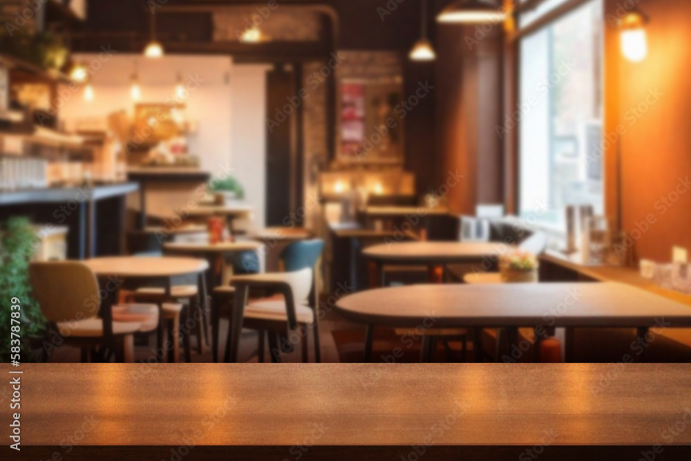 Empty wood table with blur interior coffee shop restaurant or cafe for background.