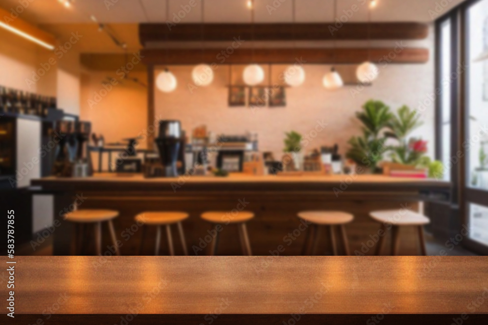 Empty wood table with blur interior coffee shop restaurant or cafe for background. Empty wood table with blur interior coffee shop restaurant or cafe for background.
