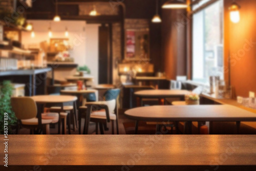 Empty wood table with blur interior coffee shop restaurant or cafe for background.