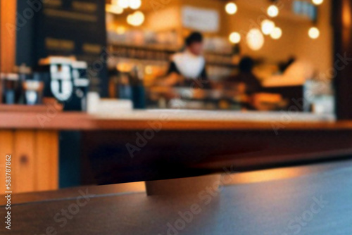 Empty wood table with blur interior coffee shop restaurant or cafe for background.