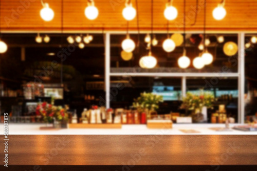 Empty wood table with blur interior coffee shop restaurant or cafe for background.