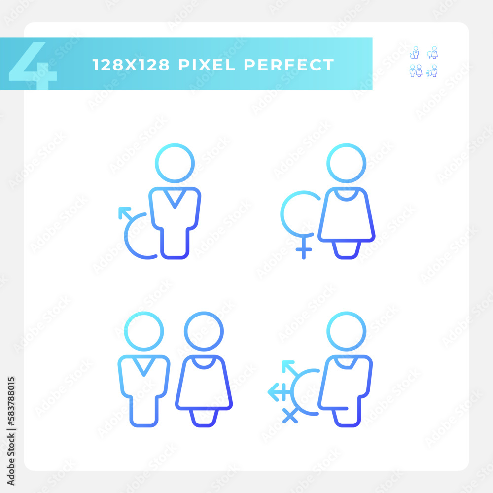 Toilets for different gender groups pixel perfect gradient linear vector icons set. WC in public place. Thin line contour symbol designs bundle. Isolated outline illustrations collection Toilets for different gender groups pixel perfect gradient linear vector icons set. WC in public place. Thin line contour symbol designs bundle. Isolated outline illustrations collection
