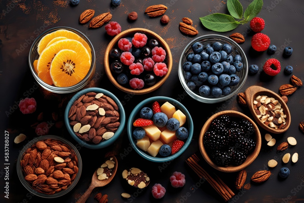 Nibble on a tasty and nutritious snack featuring nuts and berries, a satisfying and energizing option that's packed with flavor and health benefits. Generated by AI. Nibble on a tasty and nutritious snack featuring nuts and berries, a satisfying and energizing option that's packed with flavor and health benefits. Generated by AI.