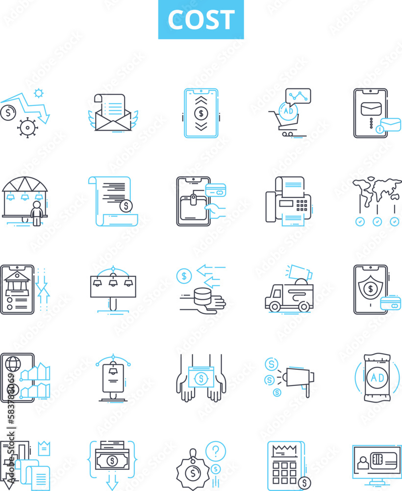 Cost vector line icons set. Expense, Price, Tariff, Levy, Vendor, Outlay, Toll illustration outline concept symbols and signs