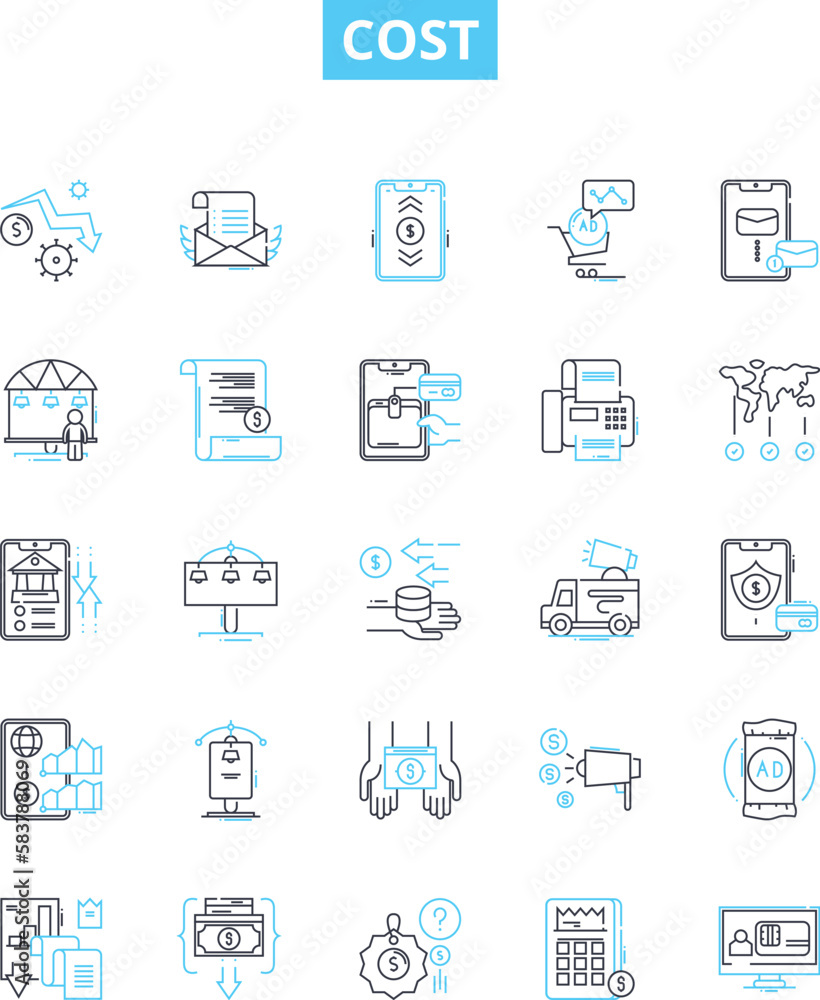 Cost vector line icons set. Expense, Price, Tariff, Levy, Vendor, Outlay, Toll illustration outline concept symbols and signs Cost vector line icons set. Expense, Price, Tariff, Levy, Vendor, Outlay, Toll illustration outline concept symbols and signs