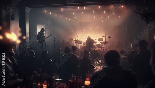 ライブハウスで演奏するバンド・アーティスト・ギタリスト（AI生成画像・Generative AI）  © buritora