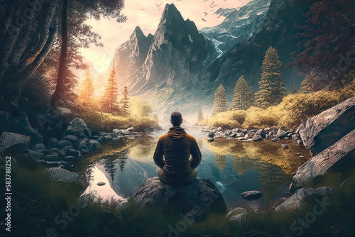 A mindfulness meditation practice set in a serene forest environment, with the sound of birds and rustling leaves providing a calming atmosphere. Generated by AI.