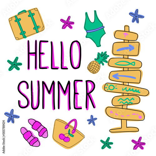 Set of cute summer icons food, drinks, tropical leaves, fruits, flamingo, crab, seagull. Bright summer poster. Collection of scrapbooking elements for a beach party. Vector flat style design. Doodle