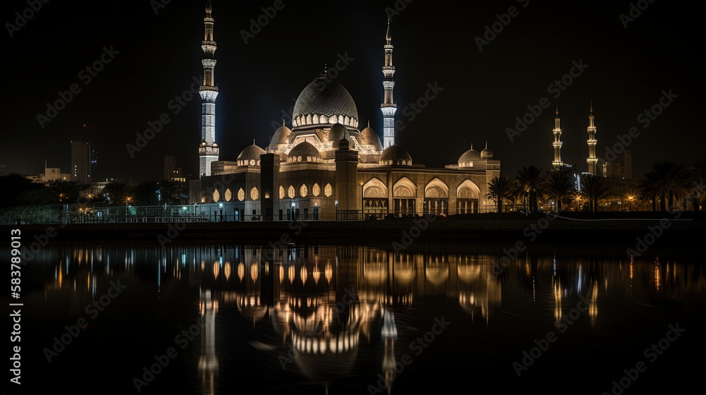 Ramadan Reflections. A Mosque Illuminated in the Night