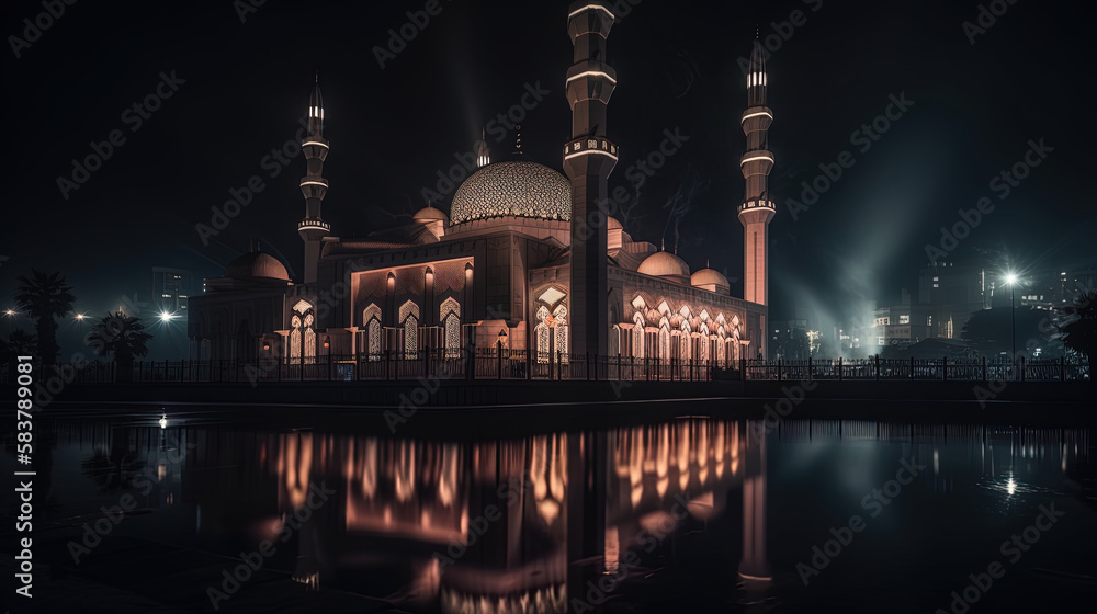A Mosque Illuminated During Ramadan Nights. A Mosque Illuminated in the Dark