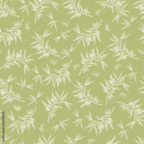 Seamless pattern, endless hand drawn monochrome pattern. Olive branches, black berries, juicy fruits of the tree. Design for fabrics, kitchen towels, tablecloths, packaging, wrapping, stationery.