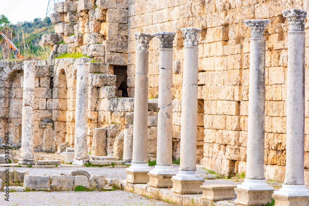 The ruins of the ancient city of Perge. Perge is an ancient Greek city on the southern Mediterranean coast of Turkey