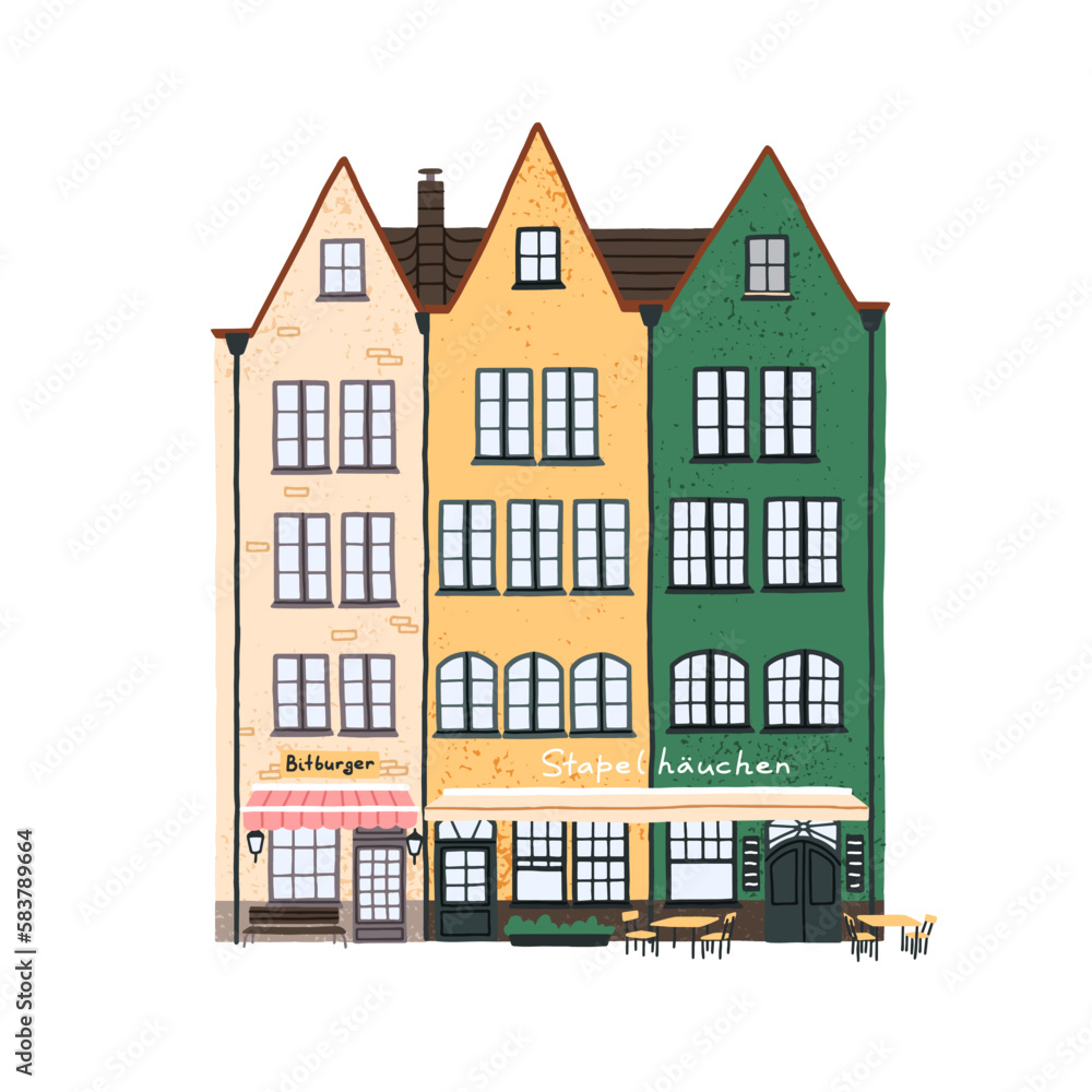 Old Europe city houses. Historical German architecture facades. Cute cozy European Dutch buildings, vintage-styled exterior with stores and cafes. Flat vector illustration isolated on white background