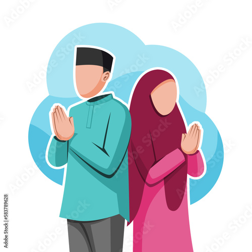 Muslim couple wishing happy eid mubarak flat illustration