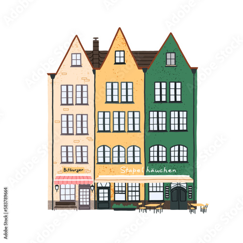 Fototapeta Naklejka Na Ścianę i Meble -  Old Europe city houses. Historical German architecture facades. Cute cozy European Dutch buildings, vintage-styled exterior with stores and cafes. Flat vector illustration isolated on white background