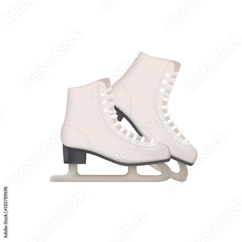 Figure or ice skates for athletes 3D illustration. Drawing of white shoes with blades for figure skating in 3D style on white background. Sports, healthy lifestyle, leisure, figure skating concept
