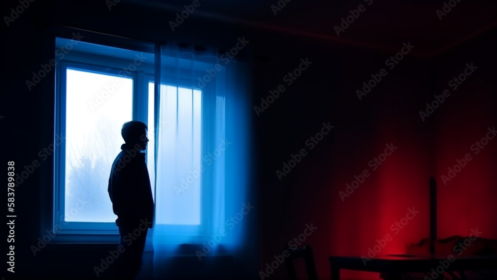Blue lighting studio shot in dark studio with neon light, portrait of man standing on the windows