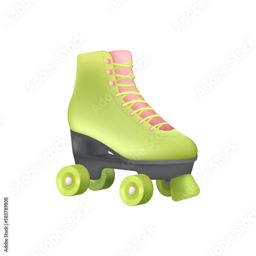 Green retro roller skate 3D illustration. Cartoon drawing of shoe with wheels for recreation in 3D style on white background. Sports, leisure, healthy lifestyle concept
