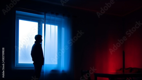 Blue lighting studio shot in dark studio with neon light, portrait of man standing on the windows