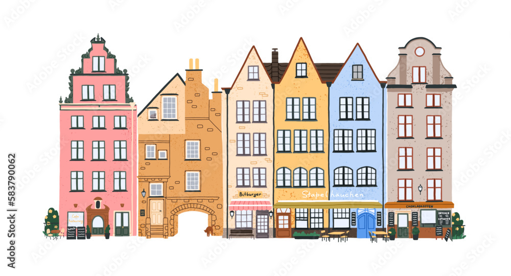 Old Swedish houses row in old city. Scandinavian architecture, cute cozy building exteriors, vintage facades with cafe, store in historical town. Flat vector illustration isolated on white background
