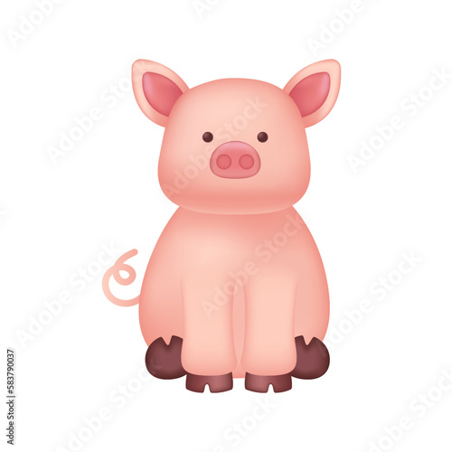 Cute pig character as kids toy 3D illustration. Cartoon drawing of adorable domestic animal as mascot or gift in 3D style on white background. Farming  nature  agriculture concept