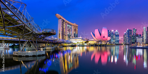 Photography Marina Bay Skyline and Helix Bridge panorama at twilight in Singapore