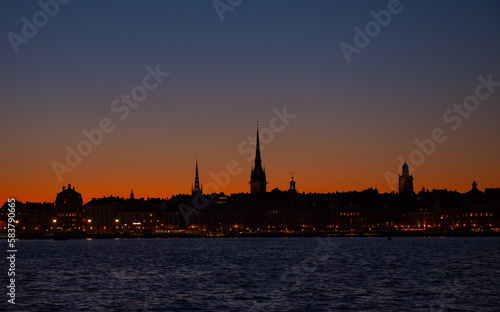 Stockholm old city silhouette view from Baltic Sea, Sweden.