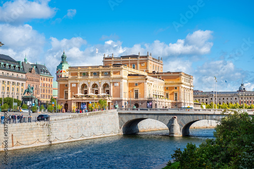 Beautiful view on the Royal Swedish Opera House and the Norrbro Bridge. Stockholm, Sweden.