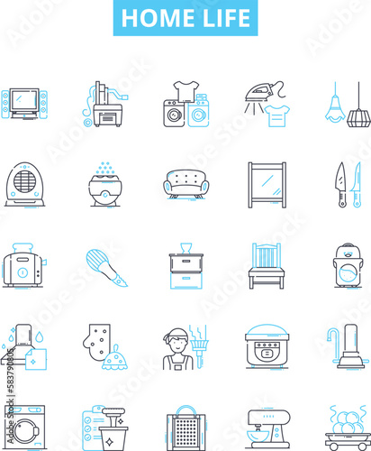 Home life vector line icons set. Residence, Family, Comfort, Relationships, Harmony, Security, Coziness illustration outline concept symbols and signs