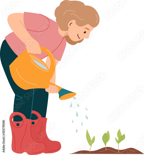 Happy small girl in rubber boots watering planting in spring Kids working in garden helping adults. Vector illustration for environment protection nature care volunteering education concepts